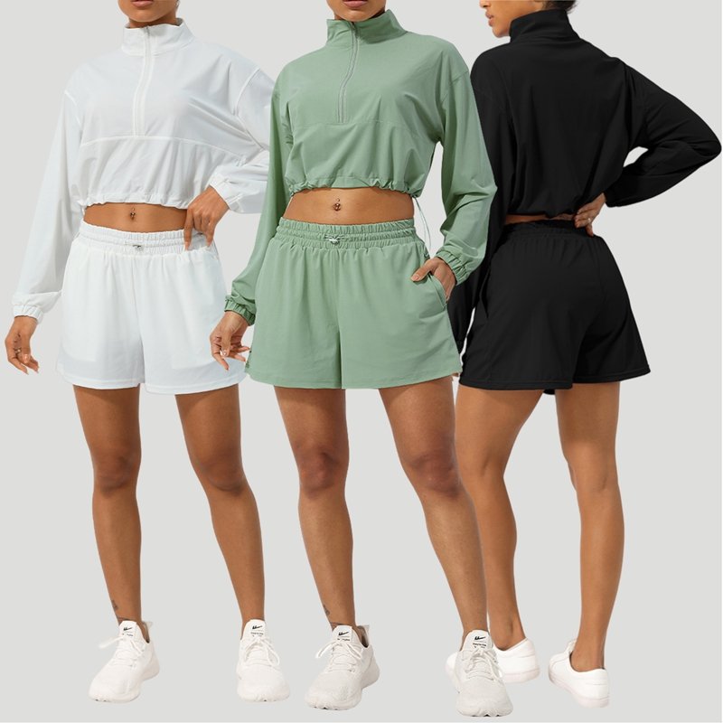 Womens Activewear Fitness  75%nylon 25%spandex 2 Piece Set 2418 jactket shorts Set print logo 8