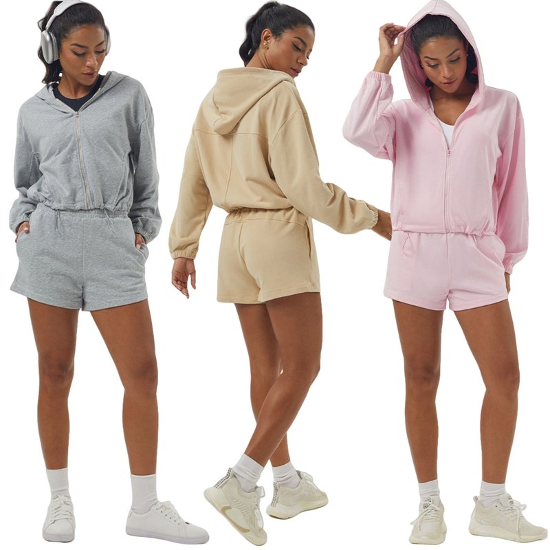 Womens Sportswear Workout 100%polyester Hoodie Shorts Set 2446 Set print logo 51
