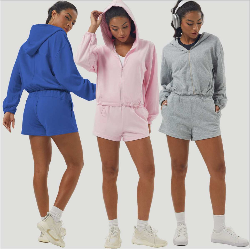 Womens Sportswear Workout 100%polyester Hoodie Shorts Set 2446 Set print logo 47