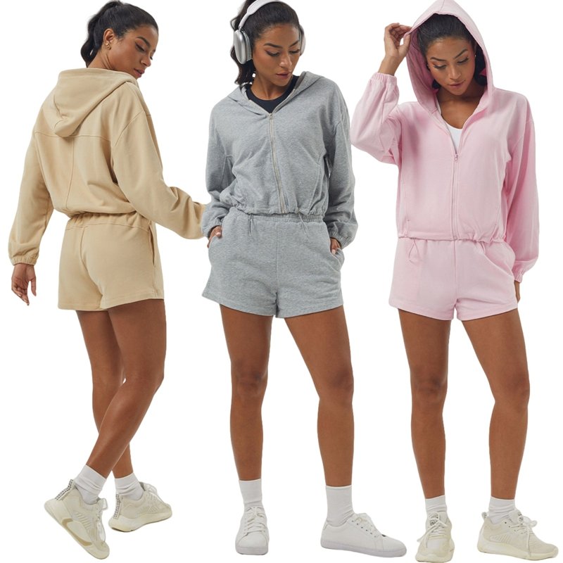 Womens Sportswear Workout 100%polyester Hoodie Shorts Set 2446 Set print logo 52