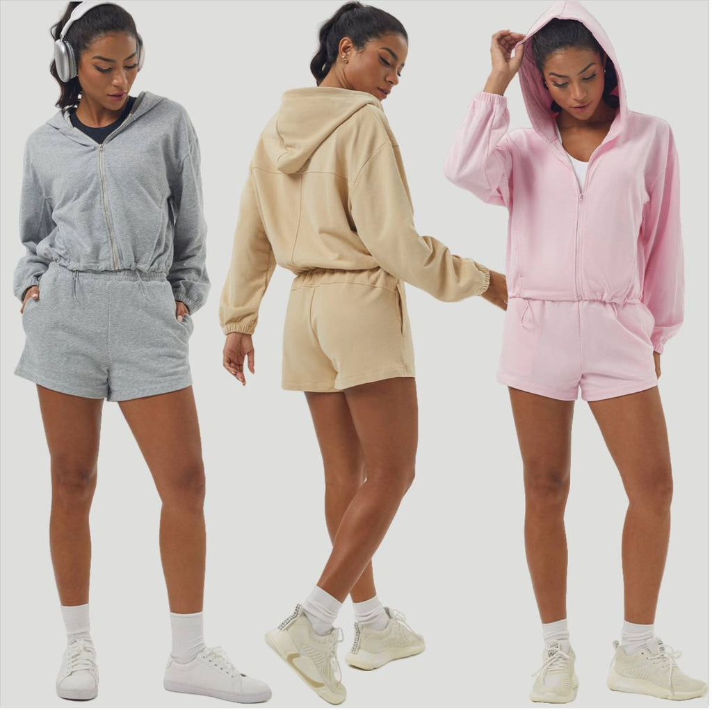 Womens Sportswear Workout 100%polyester Hoodie Shorts Set 2446 Set print logo 44