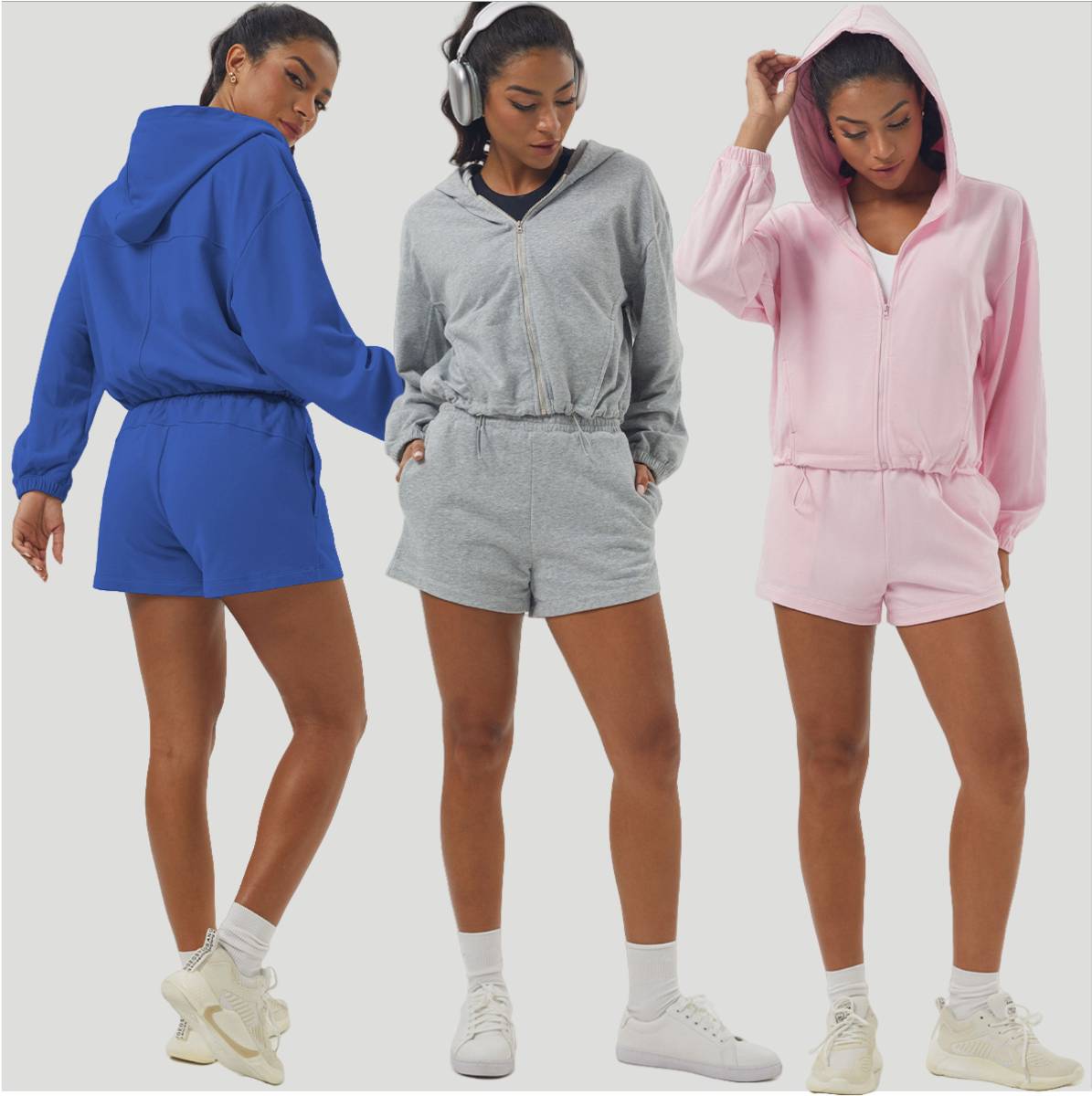 Womens Sportswear Workout 100%polyester Hoodie Shorts Set 2446 Set print logo 48