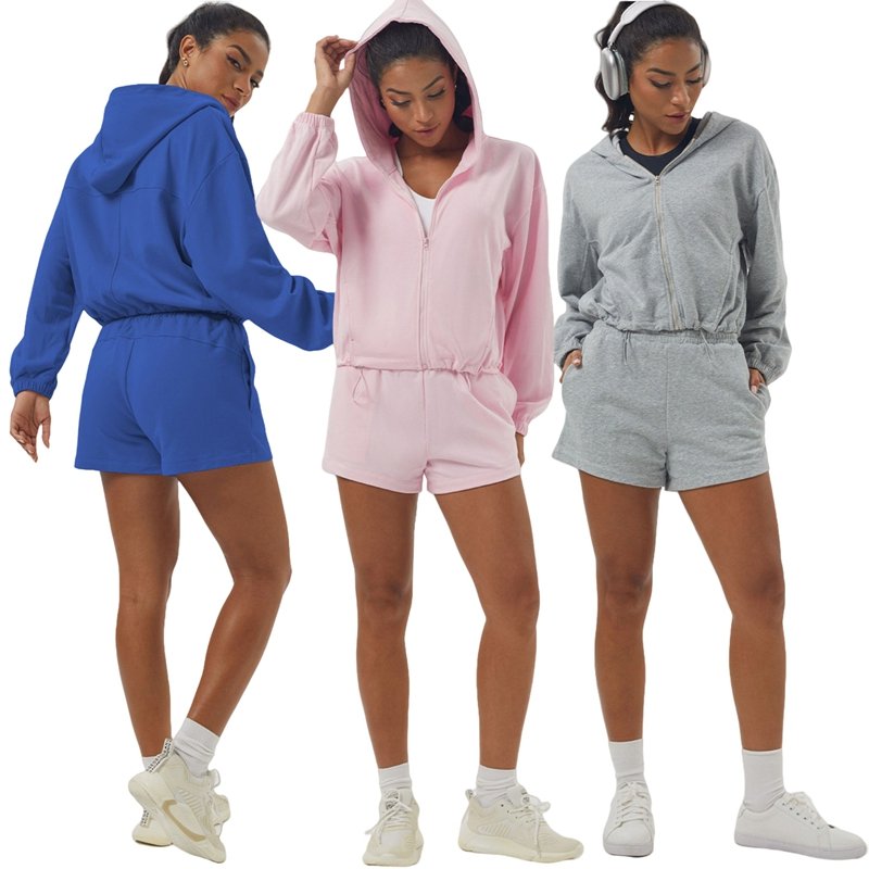 Womens Sportswear Workout 100%polyester Hoodie Shorts Set 2446 Set print logo 49