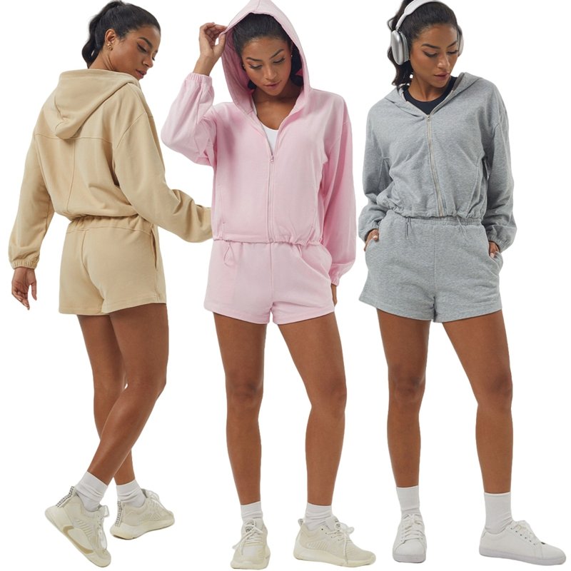 Womens Sportswear Workout 100%polyester Hoodie Shorts Set 2446 Set print logo 53