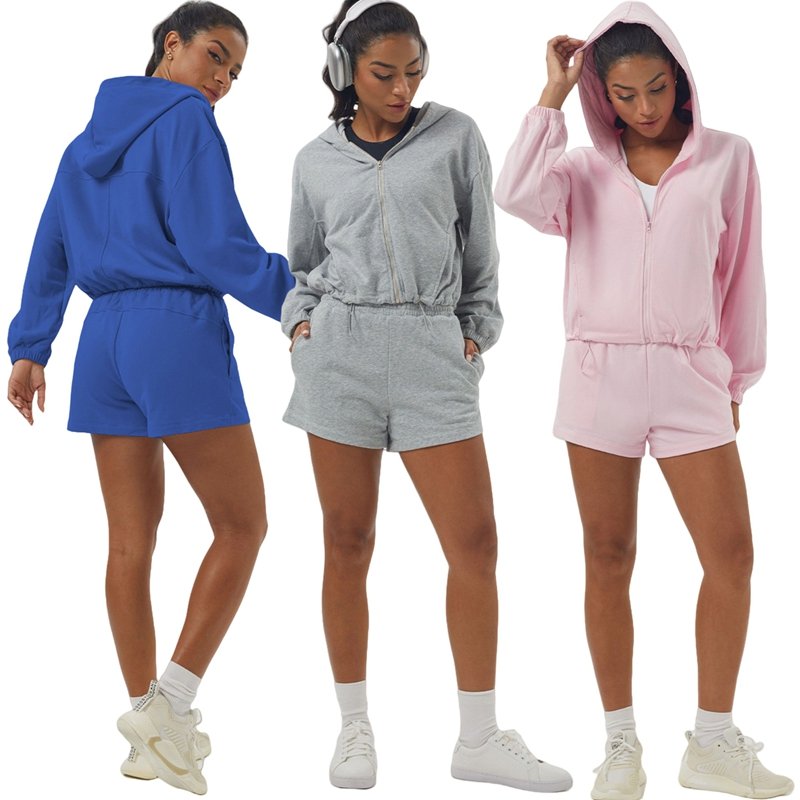 Womens Sportswear Workout 100%polyester Hoodie Shorts Set 2446 Set print logo 50