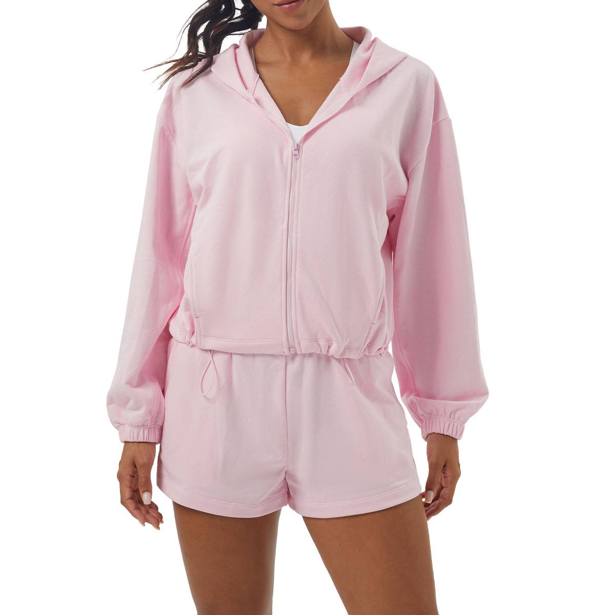 Womens Sportswear Workout 100%polyester Hoodie Shorts Set 2446 - Hoodie  print logo 17