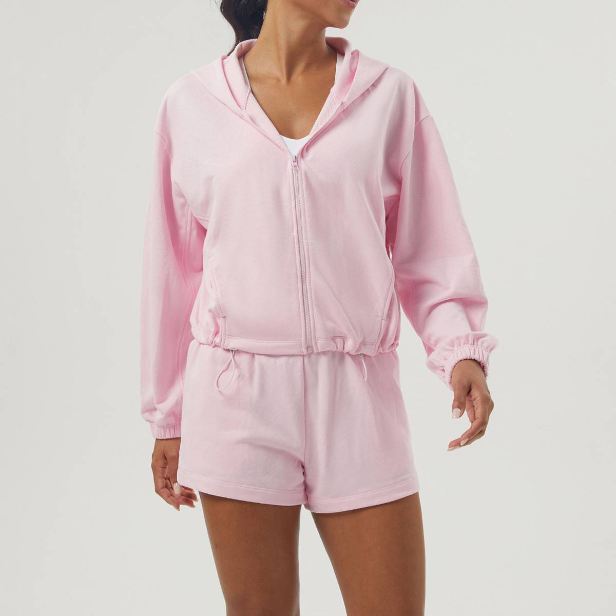 Womens Sportswear Workout 100%polyester Hoodie Shorts Set 2446 Set print logo 1