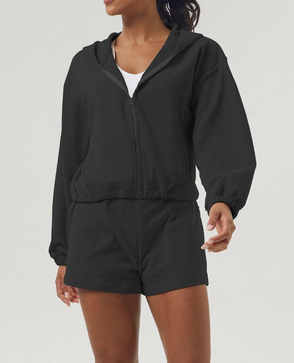 Womens Sportswear Workout 100%polyester Hoodie Shorts Set 2446 - Hoodie  print logo 34