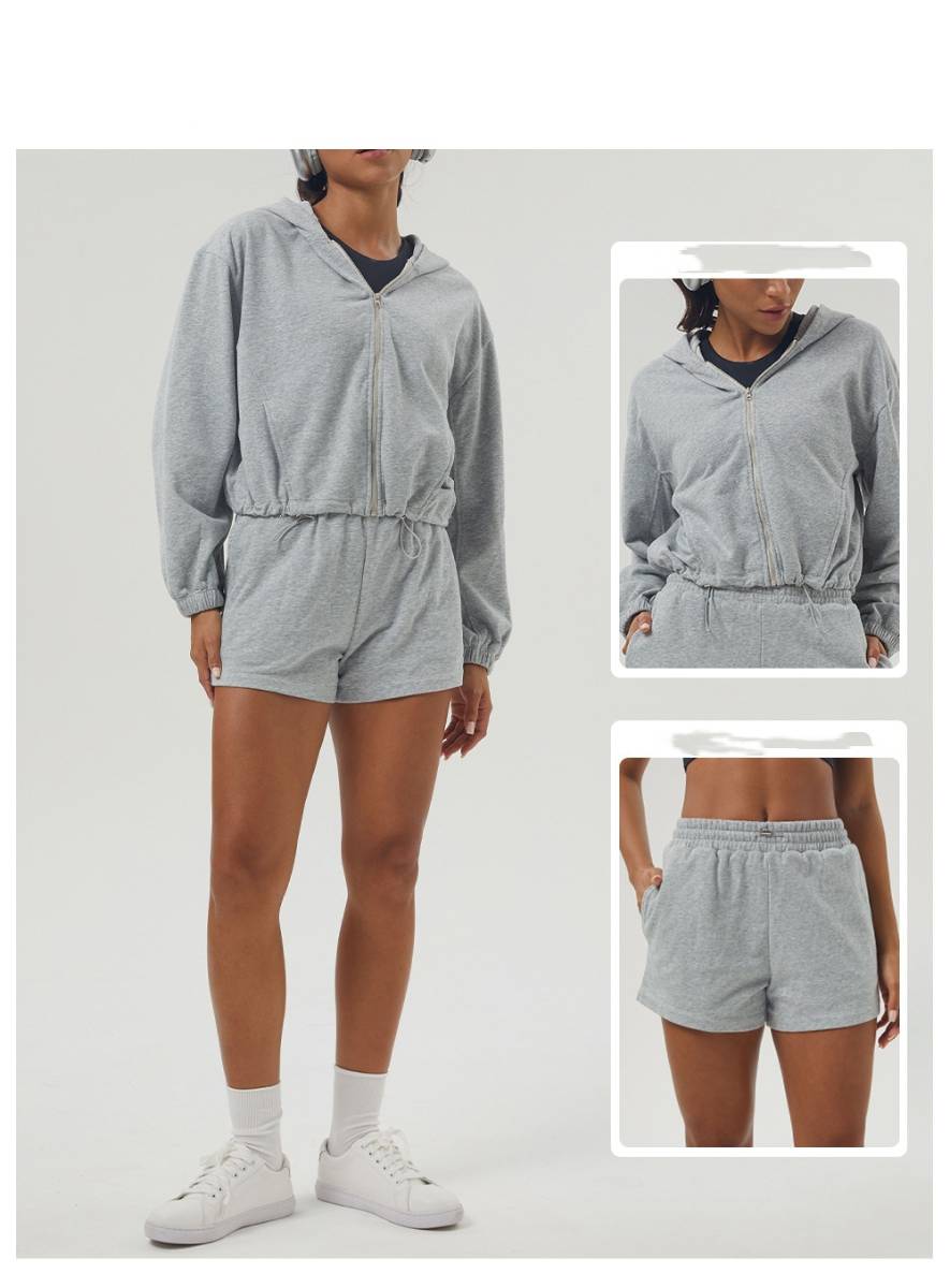 Womens Sportswear Workout 100%polyester Hoodie Shorts Set 2446 - Hoodie  print logo 24