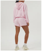 Womens Sportswear Workout 100%polyester Hoodie Shorts Set 2446 Set print logo 35