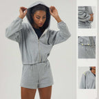 Womens Sportswear Workout 100%polyester Hoodie Shorts Set 2446 - Hoodie  print logo 16