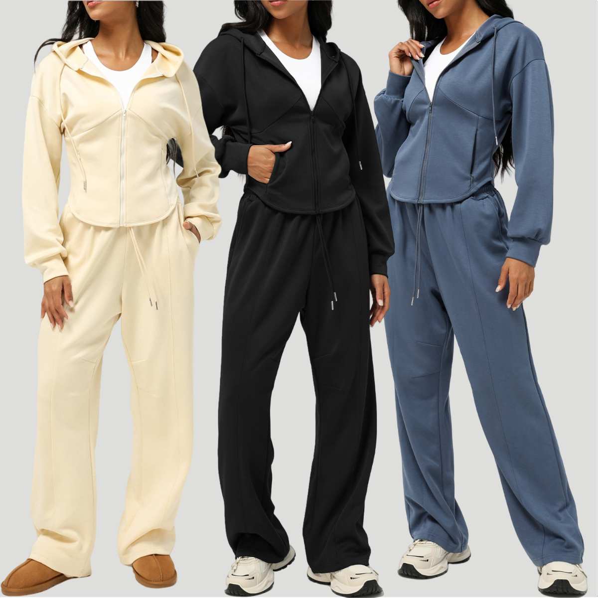 Womens Casual Sports 50%cotton 45%polyester 5%spandex Hoodie Sweatpants Set 2455 - zip hoodie print logo 35