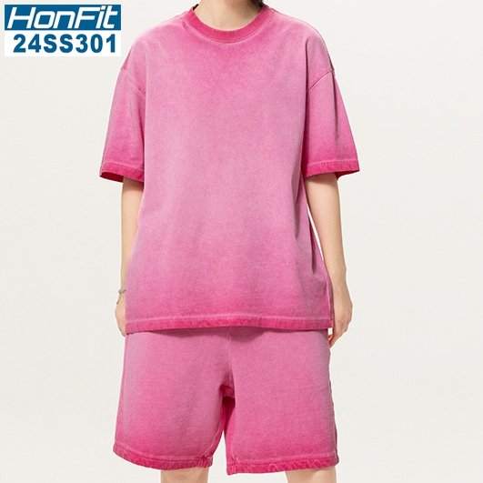 mens 280gsm washed 24SS301-24SK701 Oversize Tshirt Set - Bean Paste Red XS | Honfit