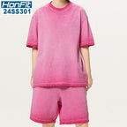 mens 280gsm washed 24SS301-24SK701 Oversize Tshirt Set - Bean Paste Red XS | Honfit
