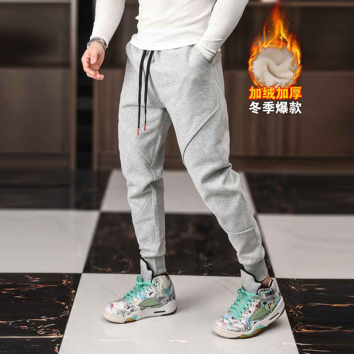 Mens Gym Fitness 70% cotton 30% polyester Pants A-224-fleece print logo 29