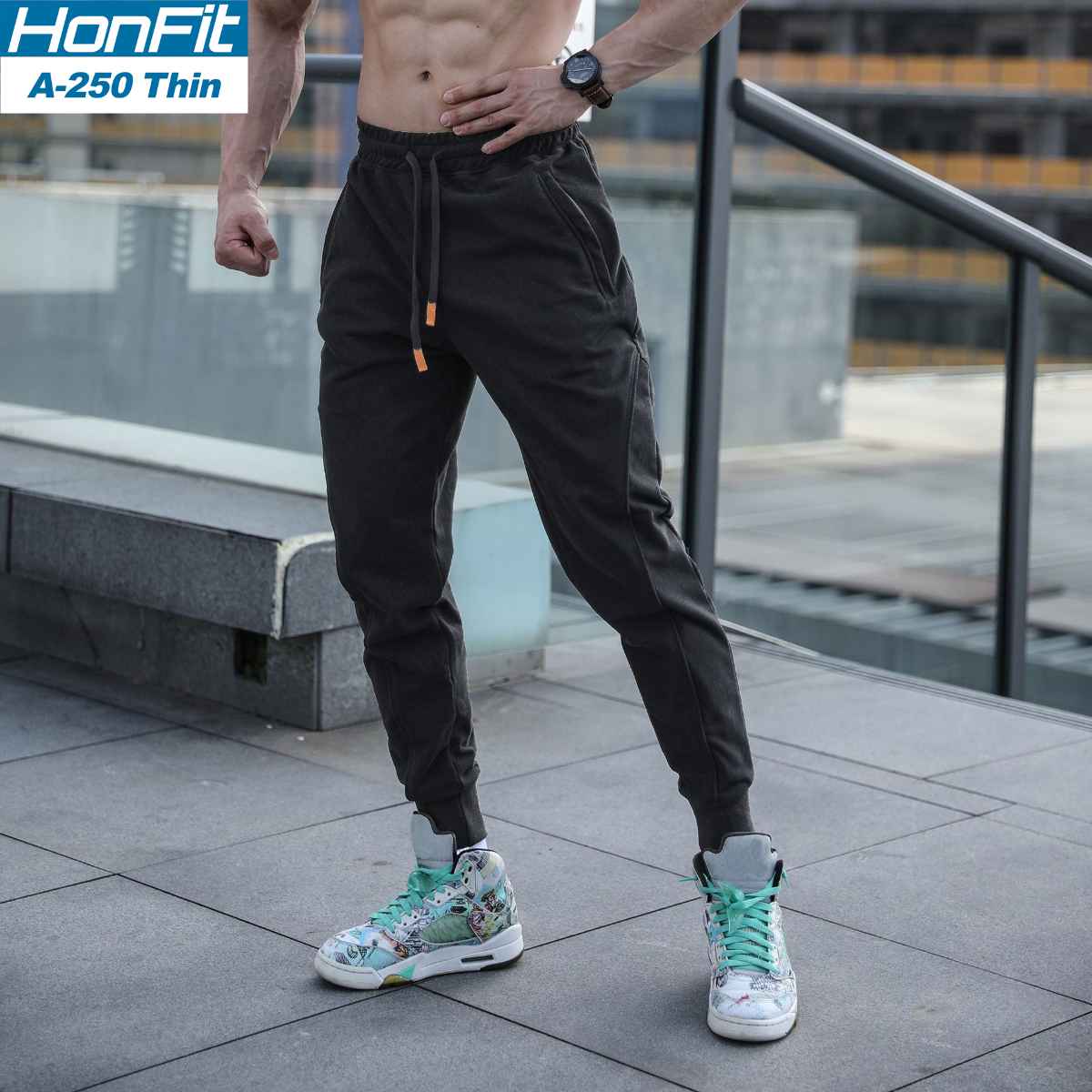 Mens Gym Workout 80% cotton 20% polyester Pants A-250-thin print logo 5