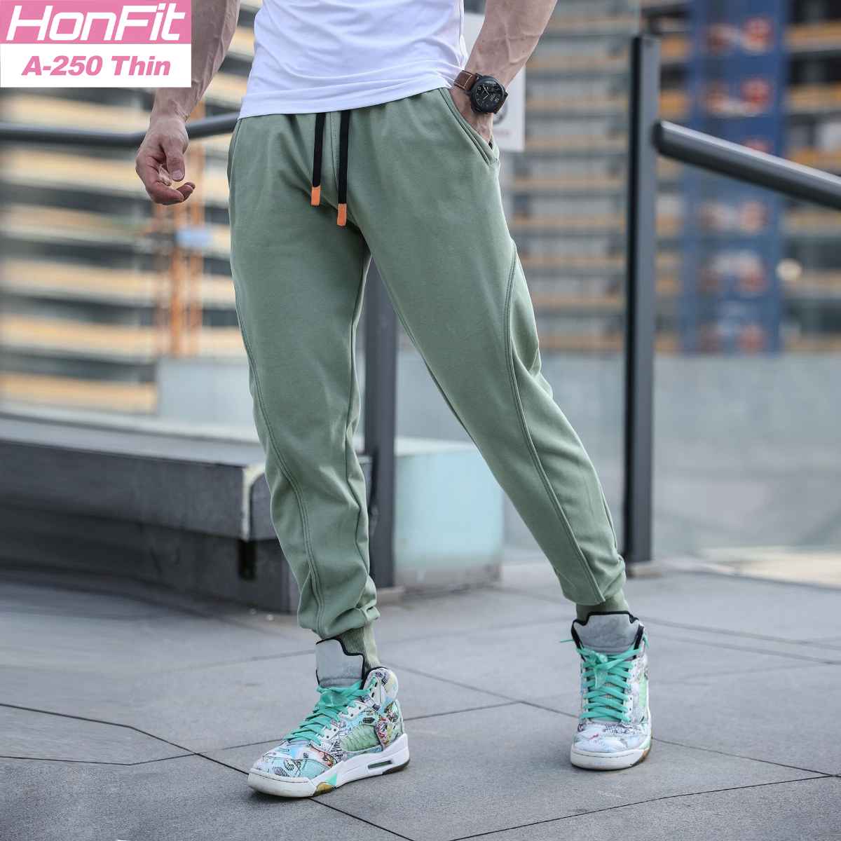 Mens Gym Workout 80% cotton 20% polyester Pants A-250-thin print logo 14