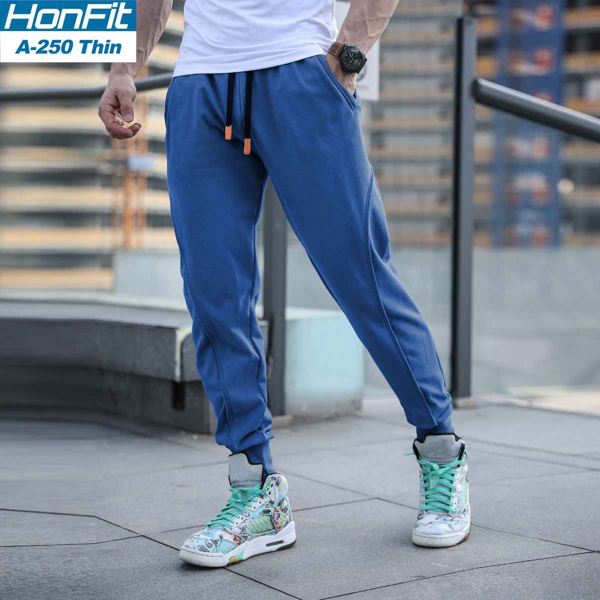 Mens Gym Workout 80% cotton 20% polyester Pants A-250-thin print logo 6