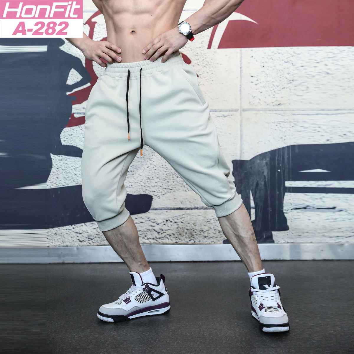 Mens Gym Workout 80% Cotton 20% Polyester 3/4 Pants A-282 print logo 3