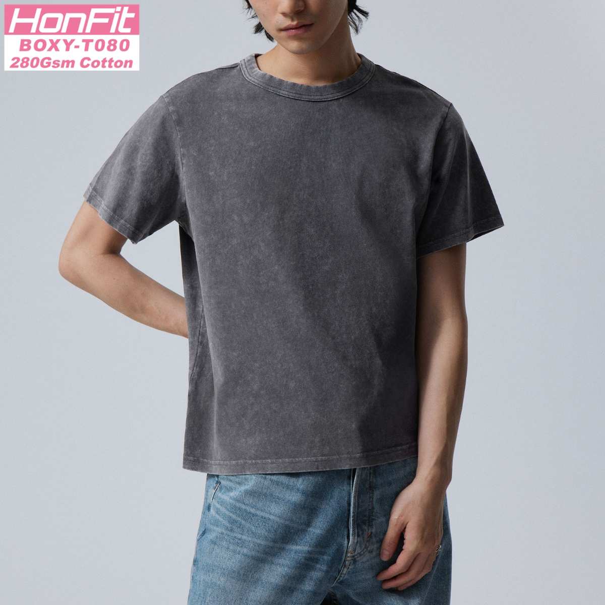 Mens Washed Boxy Fit 100% cotton Oversized Tshirt BOXY-T080 print logo 24