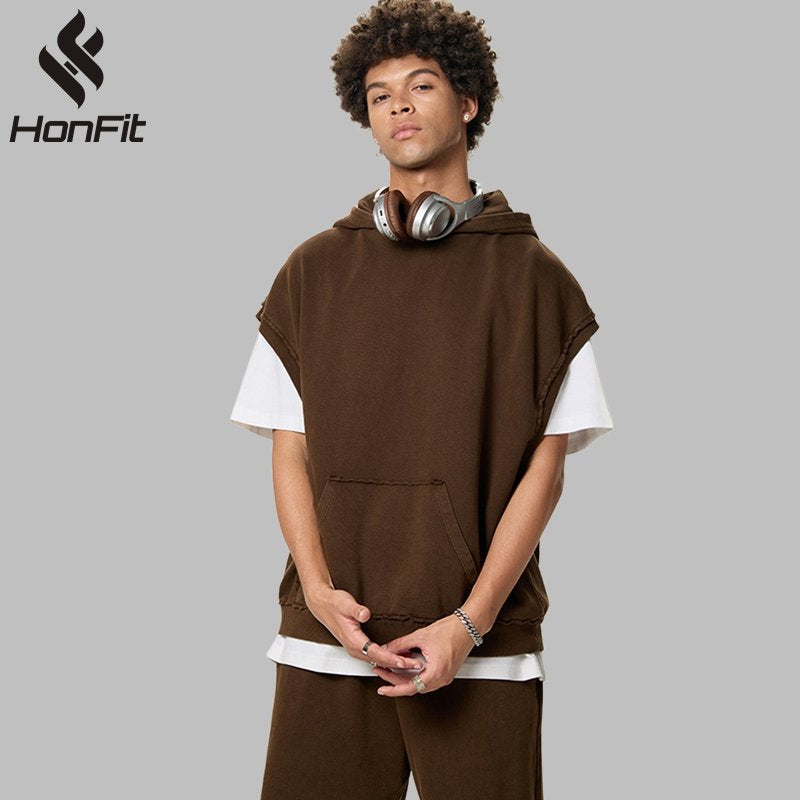 Mens Streetwear 100%cotton Sleeveless Hoodie Shorts Set BX8806-DK8601 Set print logo 9