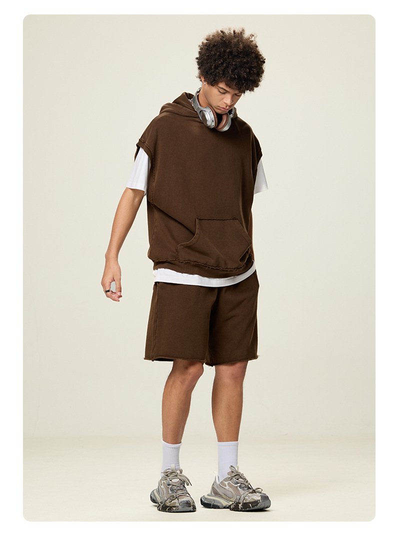 Mens Streetwear 100%cotton Sleeveless Hoodie Shorts Set BX8806-DK8601 Set print logo 23