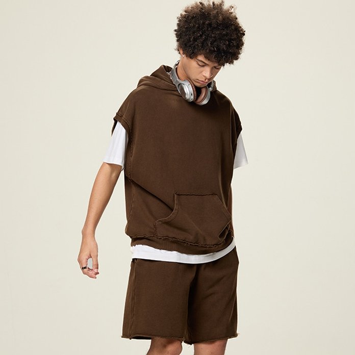 Mens Streetwear 100%cotton Sleeveless Hoodie Shorts Set BX8806-DK8601 Set print logo 24