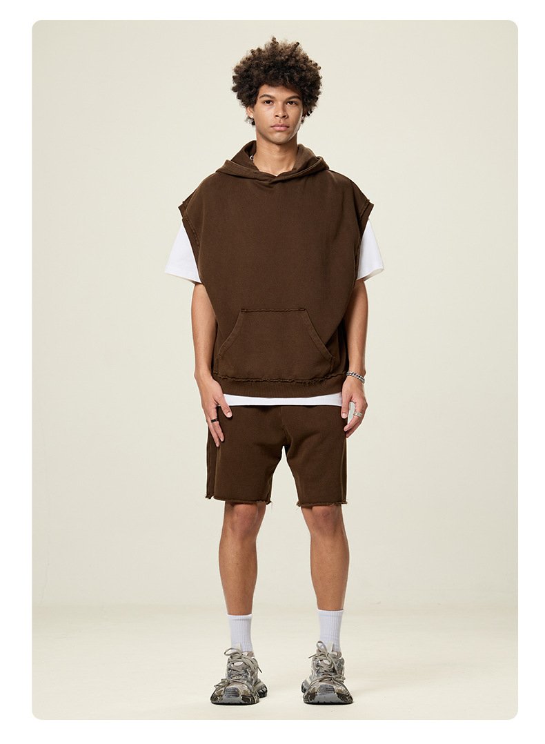 Mens Streetwear 100%cotton Sleeveless Hoodie Shorts Set BX8806-DK8601 Set print logo 20