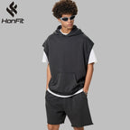 Mens Streetwear 100%cotton Sleeveless Hoodie Shorts Set BX8806-DK8601 Set print logo 10