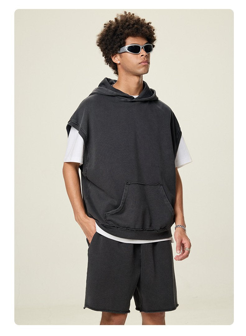 Mens Streetwear 100%cotton Sleeveless Hoodie Shorts Set BX8806-DK8601 Set print logo 33