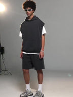 Mens Streetwear 100%cotton Tank Top Shorts Set BX8806-DK8601 - Cut‑off Sleeveless Hoodie print logo 8