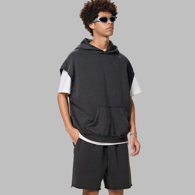 Mens Streetwear 100%cotton Sleeveless Hoodie Shorts Set BX8806-DK8601 Set print logo 34