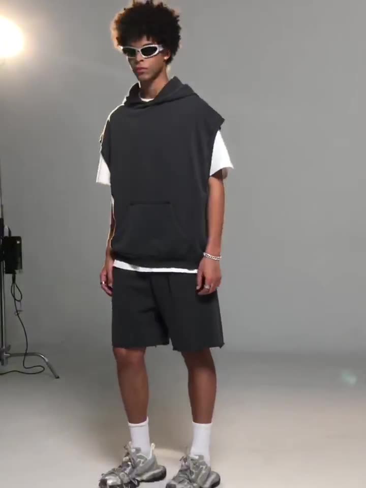 Mens Streetwear 100%cotton Sleeveless Hoodie Shorts Set BX8806-DK8601 Set print logo 11