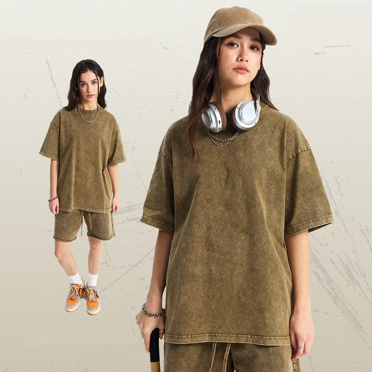 Mens Washed Oversized 100%Cotton T-shirt D-8808