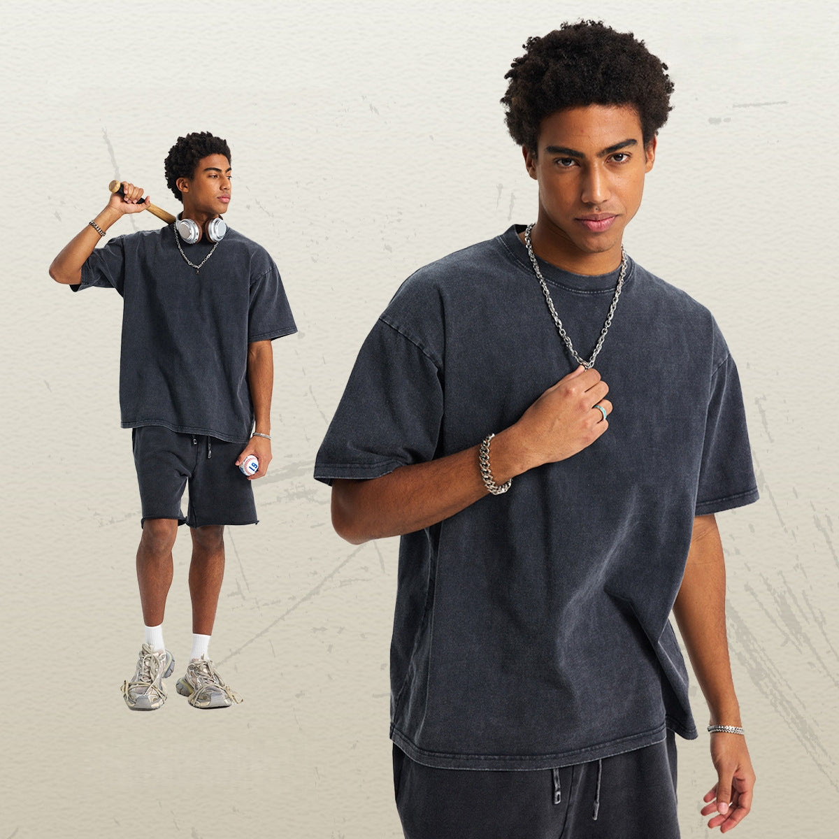 Mens Washed Oversized 100%Cotton T-shirt D-8808
