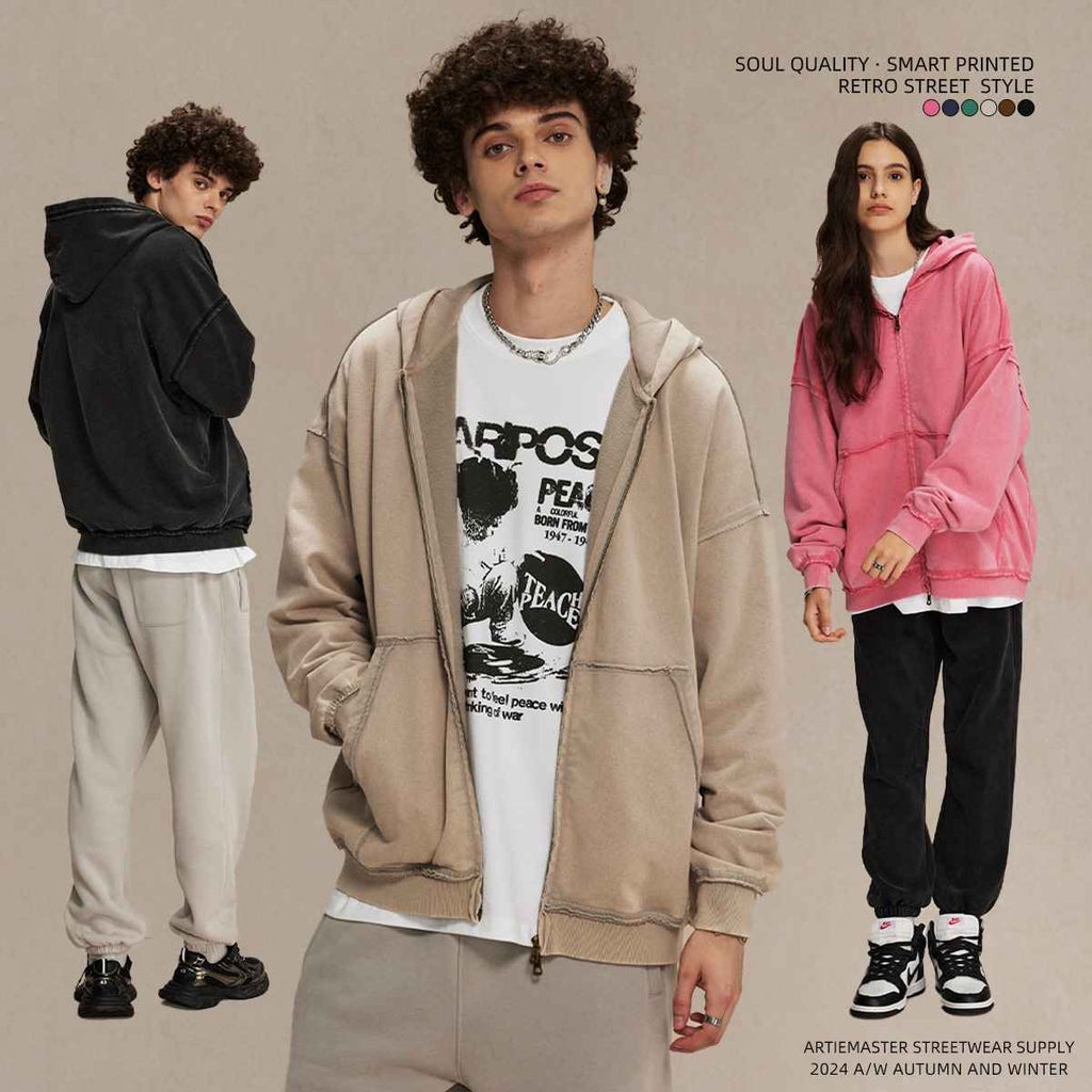 Mens Casual Washed 58% cotton 42% polyester Zip Hoodie DQ-2530 print logo 11