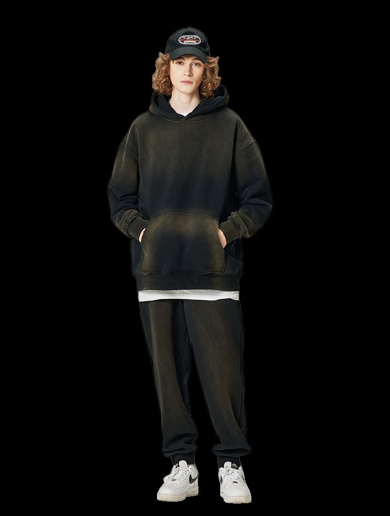 Mens Acid Washed 36.8%cotton 57.4%polyester 5.8%other fibers hoodie Sweatpants Set DY031-DK013 - Honfitwear