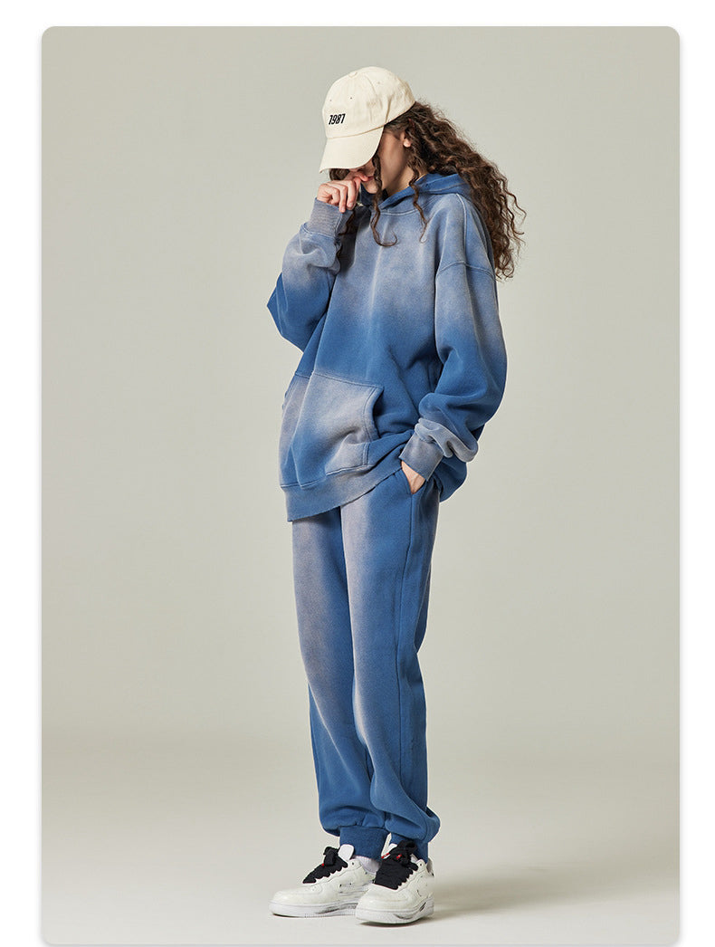 Mens Acid Washed 36.8%cotton 57.4%polyester 5.8%other fibers hoodie Sweatpants Set DY031-DK013 - Honfitwear