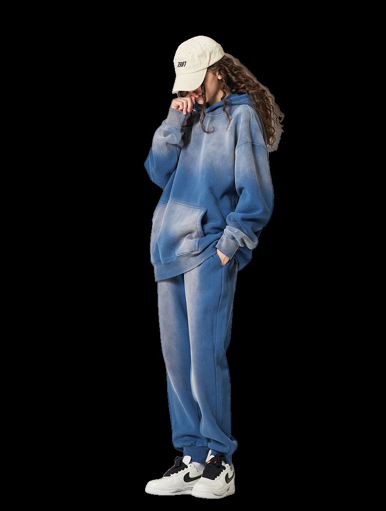 Mens Acid Washed 36.8%cotton 57.4%polyester 5.8%other fibers hoodie Sweatpants Set DY031-DK013 - Honfitwear