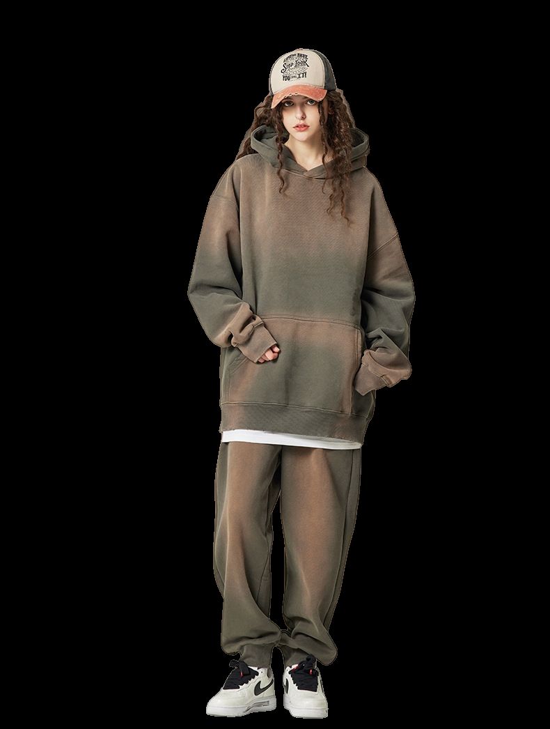Mens Acid Washed 36.8%cotton 57.4%polyester 5.8%other fibers hoodie Sweatpants Set DY031-DK013 - Honfitwear