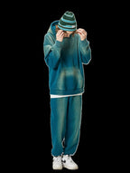 Mens Acid Washed 36.8%cotton 57.4%polyester 5.8%other fibers hoodie Sweatpants Set DY031-DK013 - Honfitwear