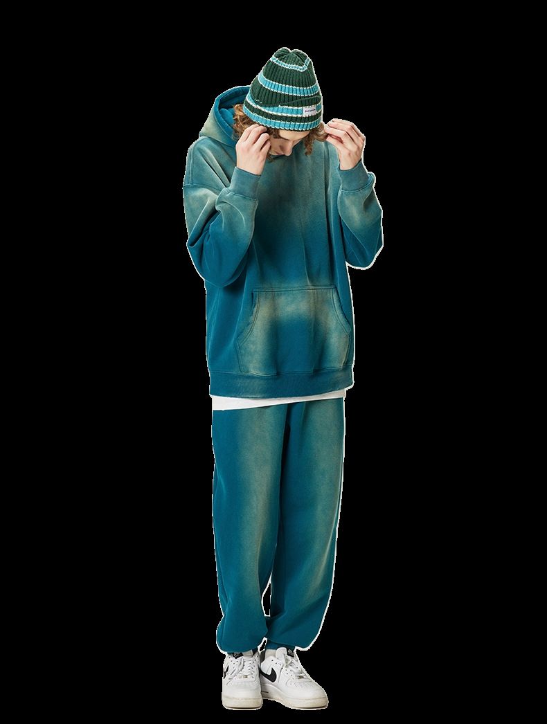 Mens Acid Washed 36.8%cotton 57.4%polyester 5.8%other fibers hoodie Sweatpants Set DY031-DK013 - Honfitwear