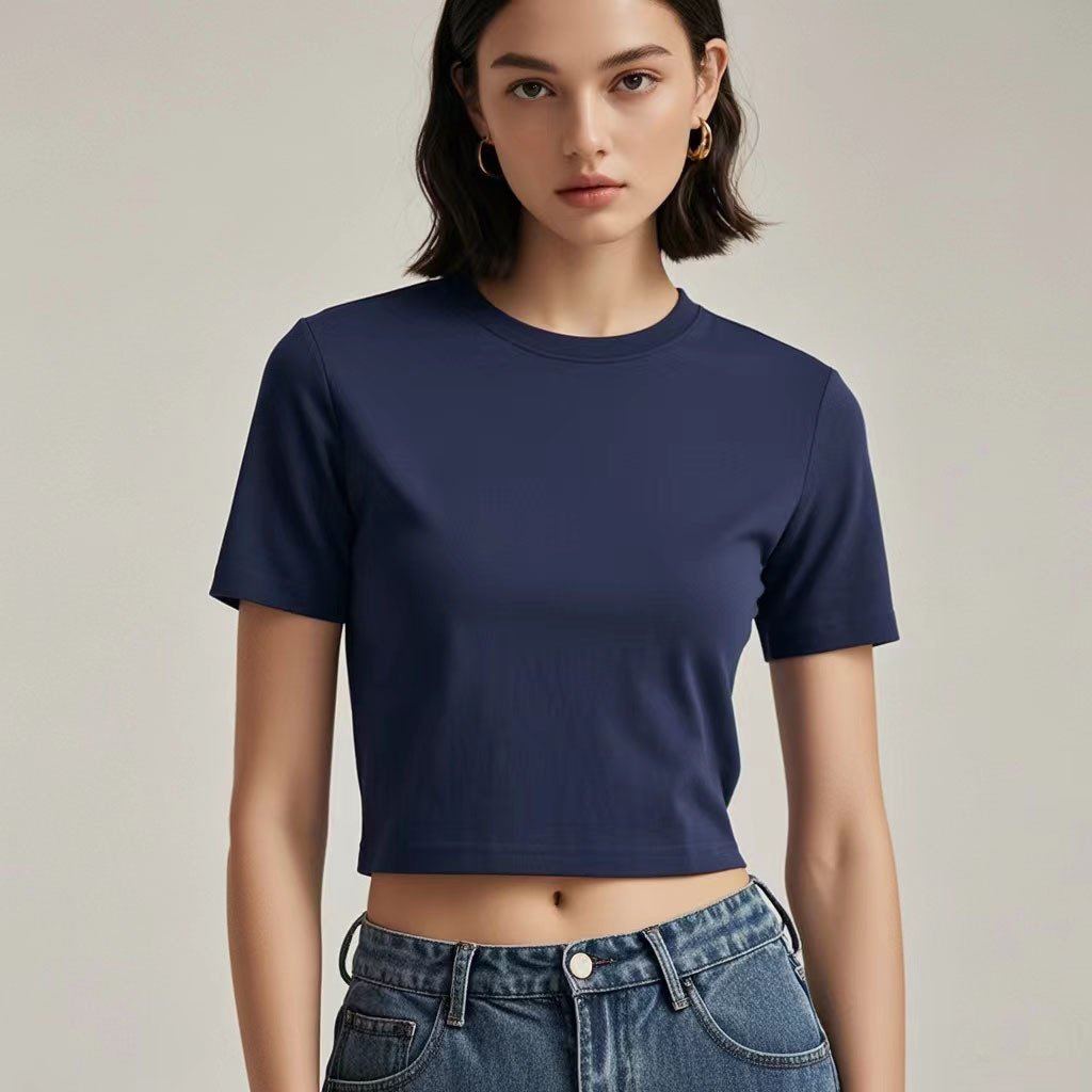 Womens Casual Cropped 92%cotton 8%spandex Baby Tee HF-240925 print logo 25