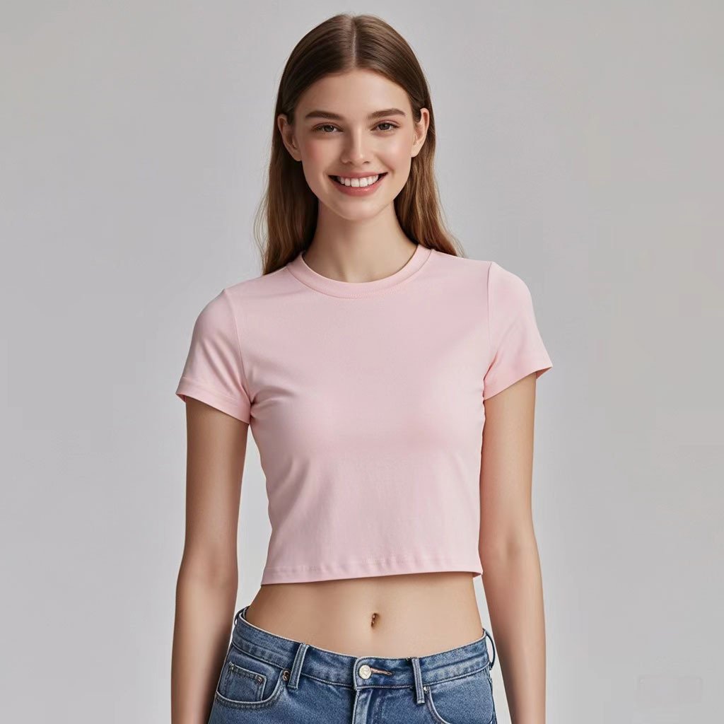 Womens Casual Cropped 92%cotton 8%spandex Baby Tee HF-240925 print logo 18