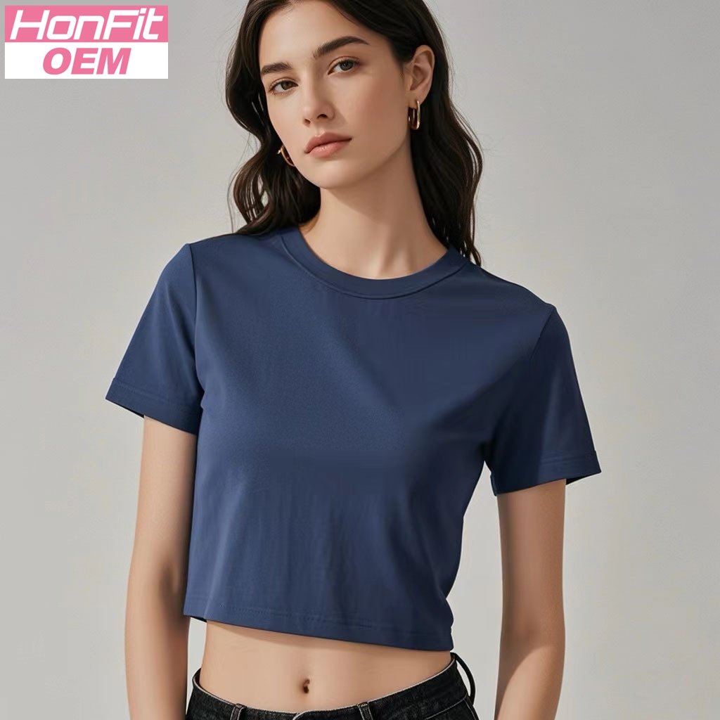 Womens Casual Cropped 92%cotton 8%spandex Baby Tee HF-240925 print logo 27