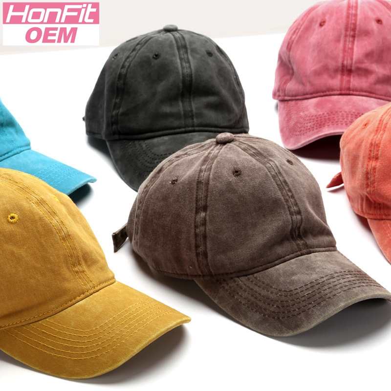 Vintage Washed 100% cotton 6 Panel Cap HS-WASH01 print logo 39