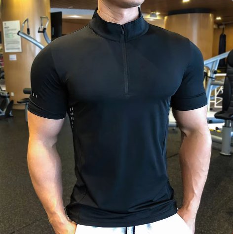 Mens Gym Training Spandex Polyester Quarter Zip Shirt P37 print logo 1