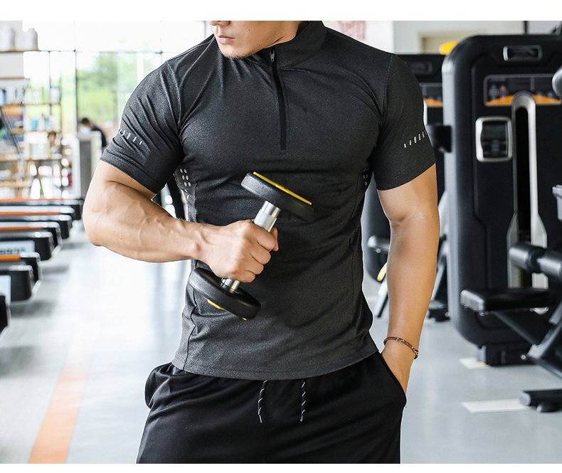 Mens Gym Training Spandex Polyester Quarter Zip Shirt P37 print logo 14
