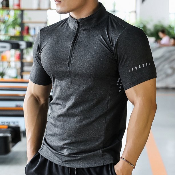 Mens Gym Training Spandex Polyester Quarter Zip Shirt P37 print logo 7