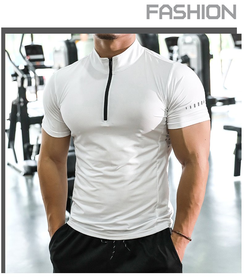 Mens Gym Training Spandex Polyester Quarter Zip Shirt P37 print logo 16